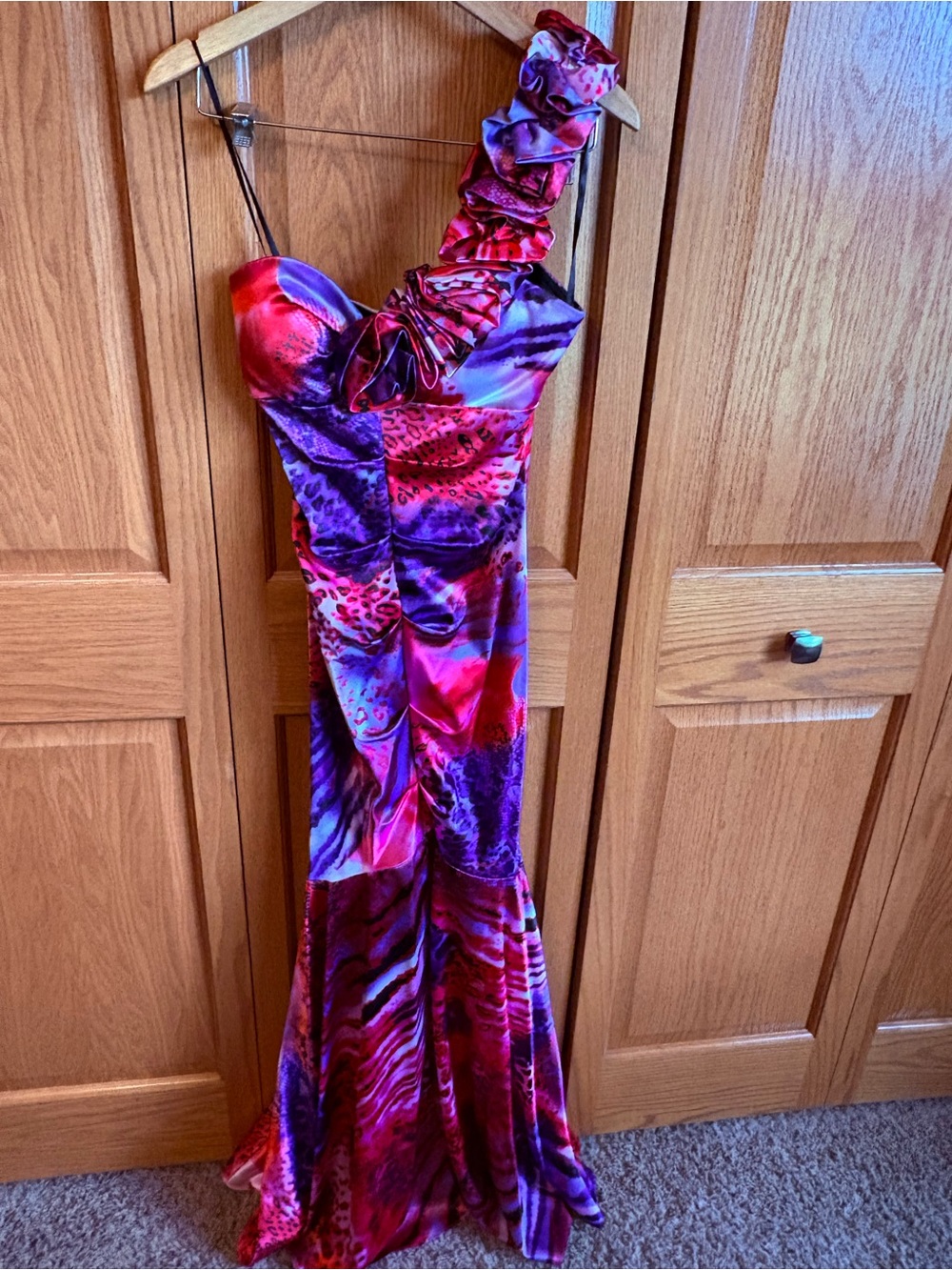One-Shoulder Satin Prom Dress in Pink, Red and Purple